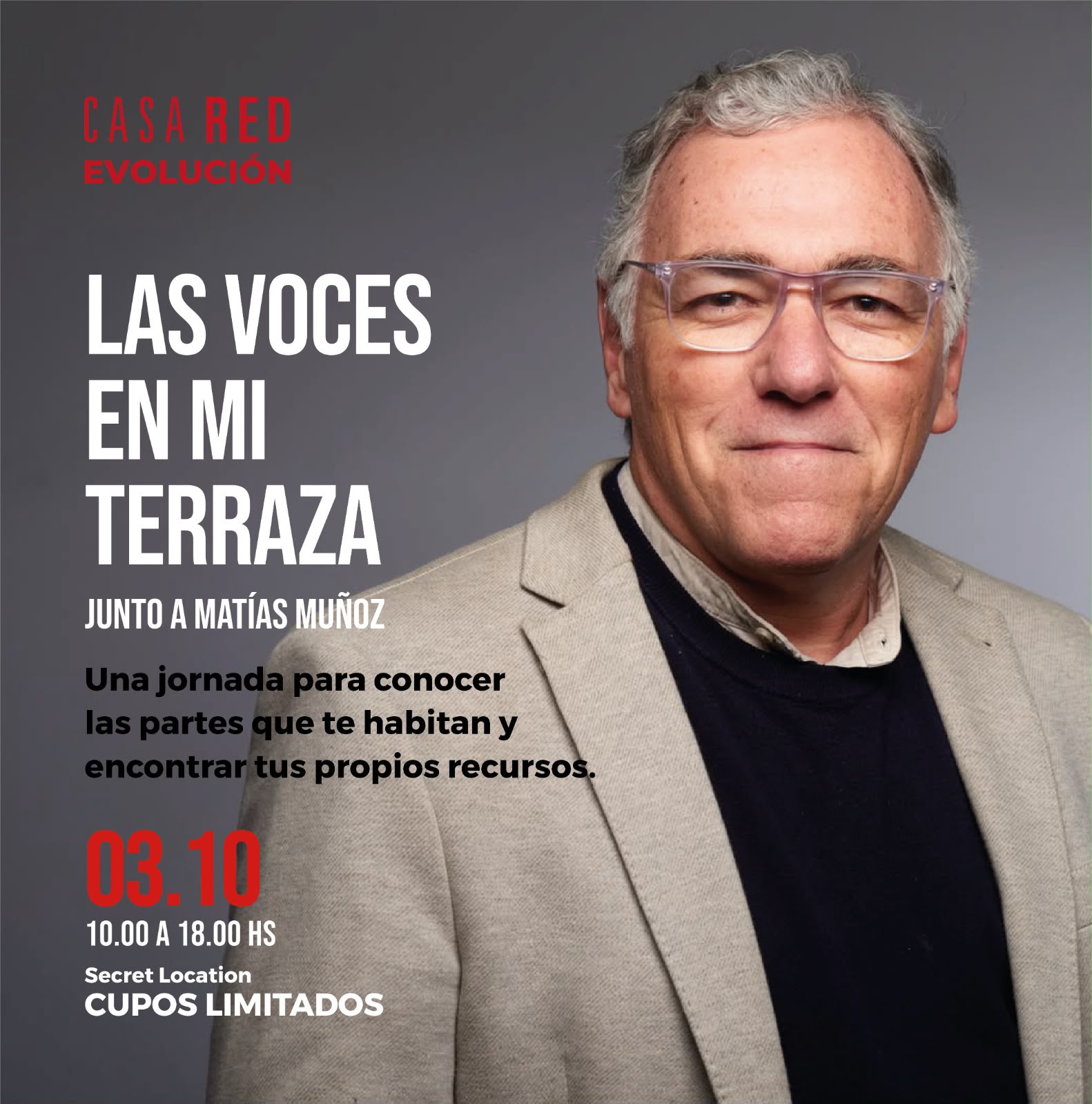 Flyer de la jornada Las voces en mi terraza, sábado 3 de octubre, con Casa Red Evolución